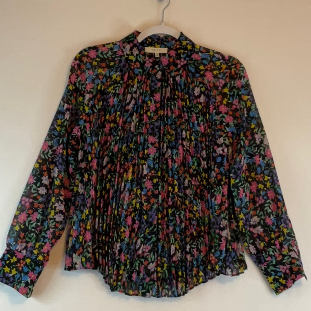 MILLY Floral Multicolor Pleated Button from blouse-size P